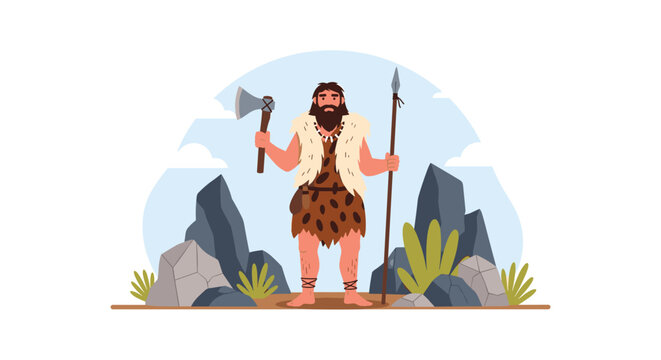 Bearded prehistoric caveman holding a stone axe and a wooden spear standing on rocks on a sunny day.