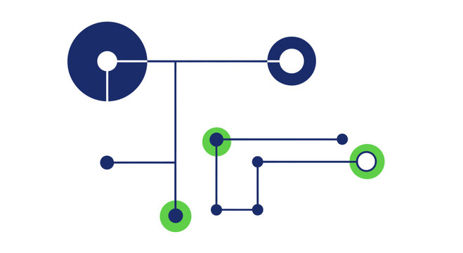 Abstract digital network circuit board data flow connection diagram.