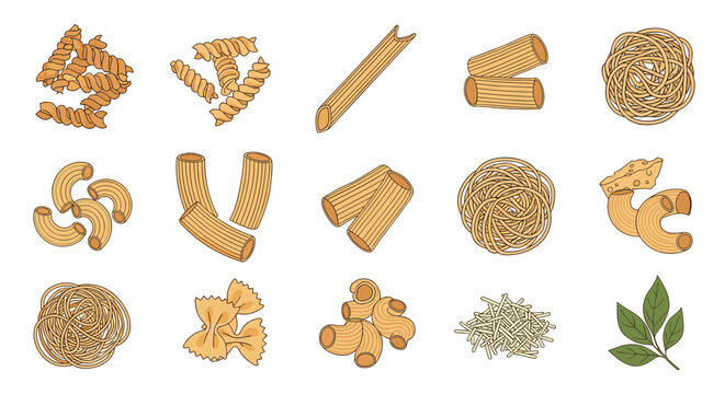 Beautiful set of fifteen pasta types and varieties like penne and fusilli isolated on white background.