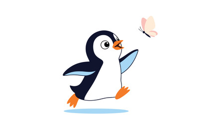 Fototapeta premium Adorable cartoon baby penguin chasing a beautiful pink butterfly on a clean white background, vector art.