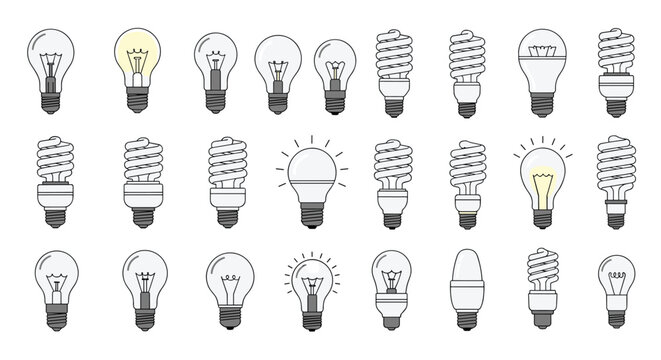 Set of twenty-four light bulb designs with a few glowing yellow bulbs representing outstanding ideas, vector.
