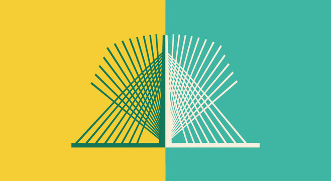 Abstract geometric bridge structure on split color background.