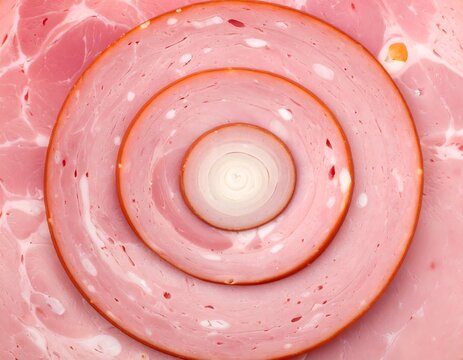 A close-up view of spiral-cut cured meat with pinkish color and white marbling