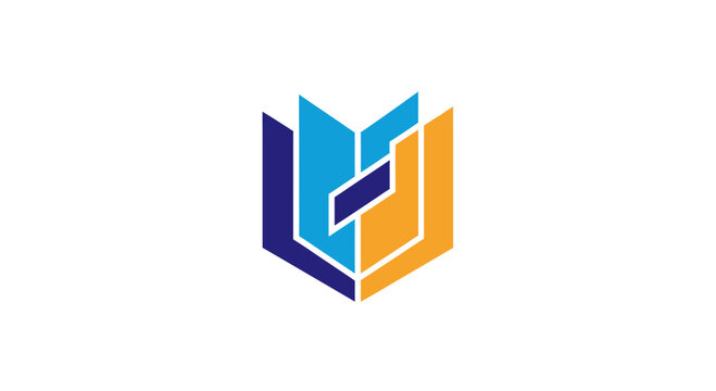 Abstract geometric logo with blue and orange interlocking shapes.