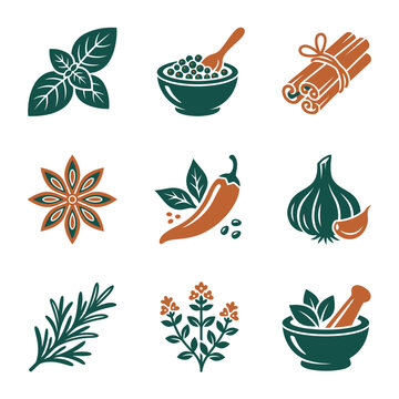 Herbs and spices icons set collection.