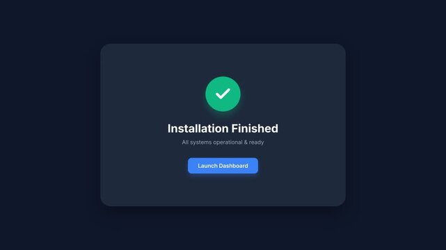 Software installation process completion, 100 percent progress bar, finished notification with green checkmark and launch dashboard button, symbolizing successful installation and system readiness