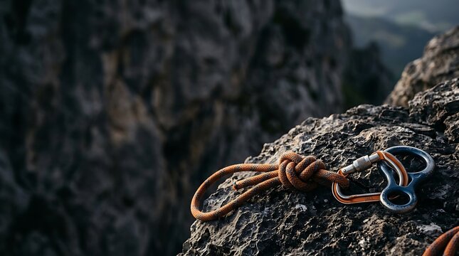 Climbing gear with rope and carabiner on a rugged rock ledge