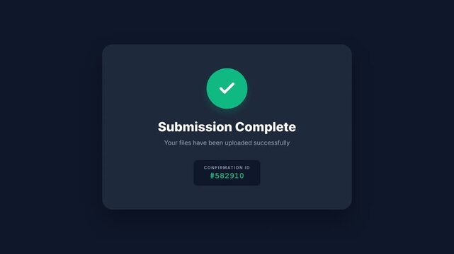 Submission Complete, Confirmation screen with green checkmark and text, Digital interface, symbolizing successful upload and confirmation.