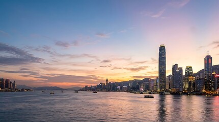Fototapeta premium Modern city skyline across the harbor at sunset