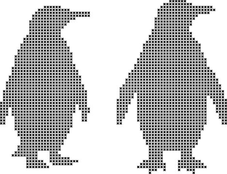 Two penguins in cross stitch pattern on white background