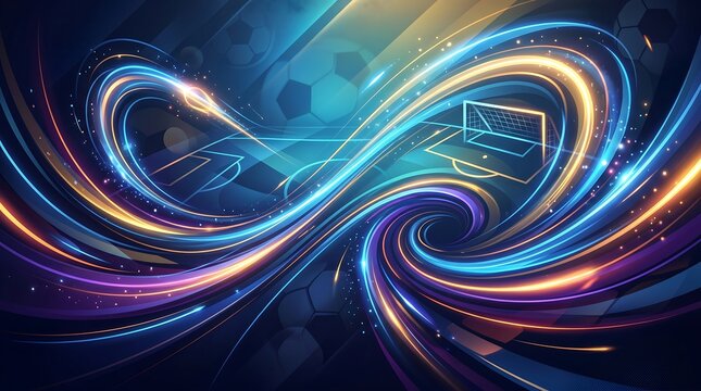 Abstract dynamic soccer background with glowing light trails and field