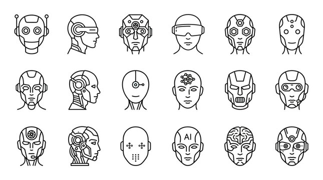Minimalist linear icon set of robotic humanoid heads artificial intelligence