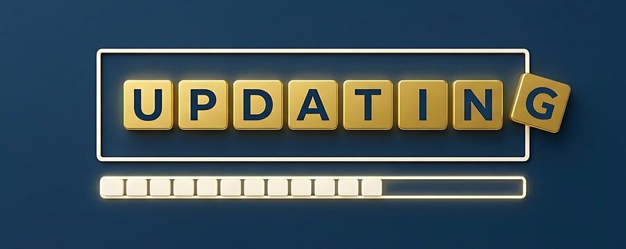 Golden 'UPDATING' word formed by blocks with progress bar beneath, symbolizing software update and system improvement.