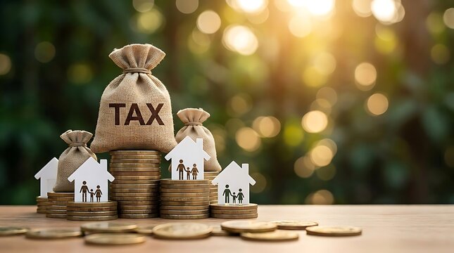 Tax burden on families and property, represented by sacks labeled 'TAX' atop stacks of coins with miniature houses and family silhouettes.