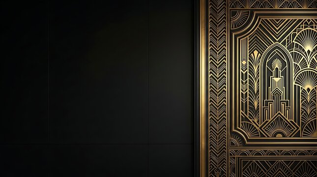 Elegant art deco gold geometric pattern on black wall background