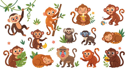 Obraz premium Set of cute monkey illustrations wild animals jungle primates art