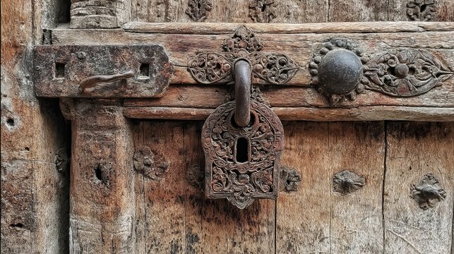 An ornate antique iron latch and heavy metal lock mounted on a weathered rustic wooden door surface with intricate carvings and aged textured grain details