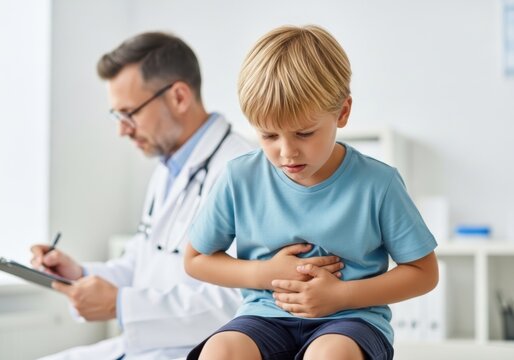Young boy experiencing stomach pain while a doctor looks on during a medical examination