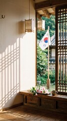 Republic of Korea Liberation Day celebration with Taegeukgi flag and flowers