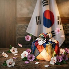 South Korea Liberation Day gift wrapped with fabric and hibiscus flowers in front of flag