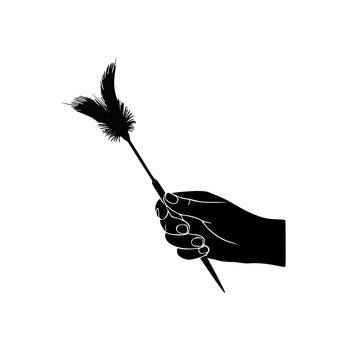Hand holding a feather tickler wand silhouette