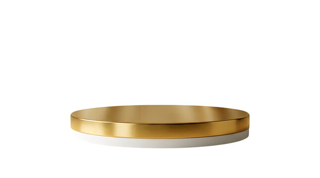 Shiny gold round pedestal for product display isolated on transparent background