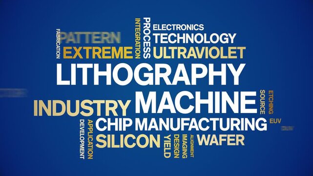 Lithography Machine animated word cloud-text design animation tag kinetic typography seamless loop.