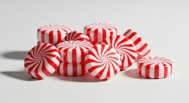 A pile of red and white striped peppermint candies arranged closely together in a studio setting.