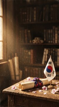 South Korea flag on a scroll with petals in a library setting, symbolizing heritage