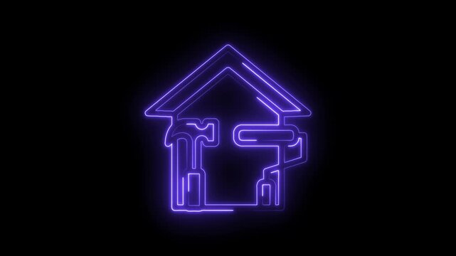 Purple neon outline of a house with hammer and paint roller glowing on icon black background