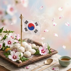 Korean Liberation Day celebration with traditional rice cakes and taegeukgi flag