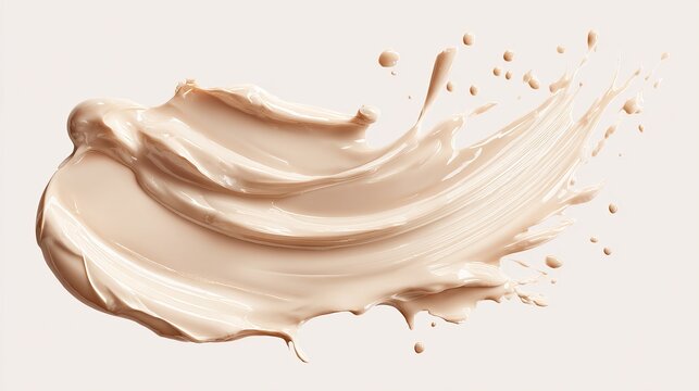 Smooth beige liquid foundation makeup smear with dynamic splashes isolated on a clean white background for cosmetic beauty product advertising and branding