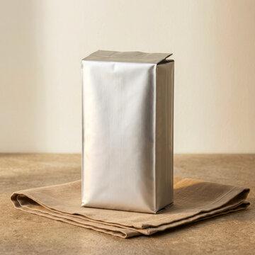 Blank Silver vacuum-packed coffee brick Packaging Mockup on Linen Cloth