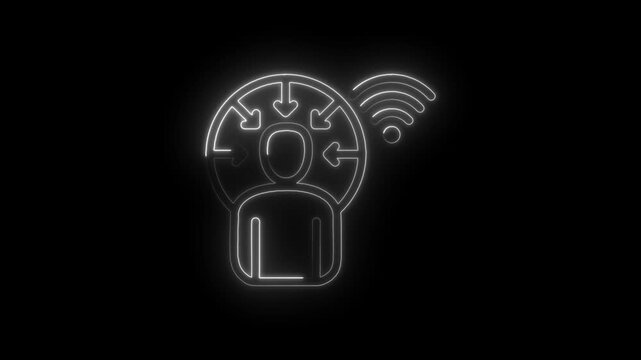 Neon outline icon of a person surrounded by inward arrows and a wifi signal symbol on a black