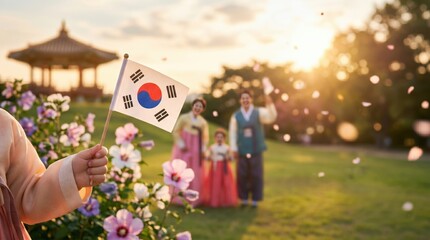 Family in traditional Korean Hanbok celebrating Liberation Day with flag