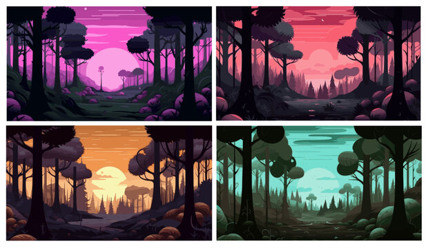 Black creepy psych forest background set, flat funny style, backlight sunset light illustration