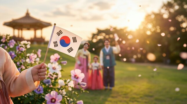 Family in traditional Korean Hanbok celebrating Liberation Day with flag