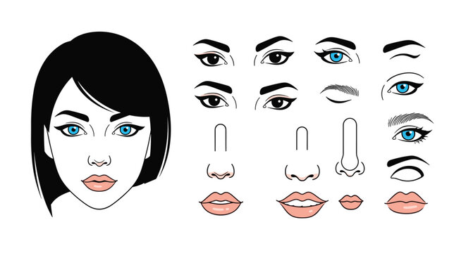 Beautiful female face template accompanied by various custom choices of eyes, eyebrows, noses, and lips for portrait.