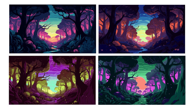 Black creepy psych forest background set, flat funny style, backlight sunset light illustration