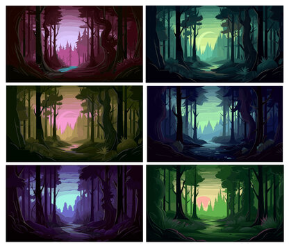 Black creepy psych forest background set, flat funny style, backlight sunset light illustration