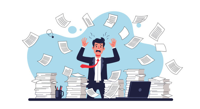 Overworked businessman looking panicked while surrounded by tall piles of documents and flying papers at desk.