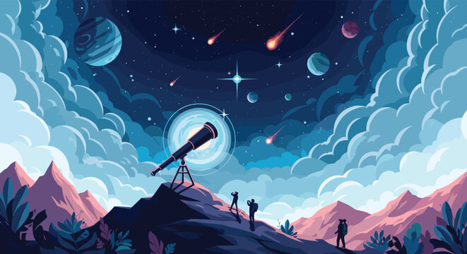 Beautiful pixel art of telescope on mountain top looking at starry night sky with colorful planets and comets.