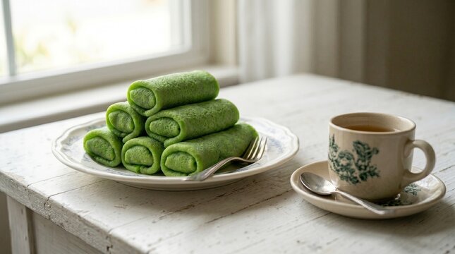 A beautiful eye-level shot of a pyramid stack of sweet Indonesian dadar gulung green pandan crepes on a ceramic plate, served with a classic vintage floral kopitiam teacup on a white wooden table.