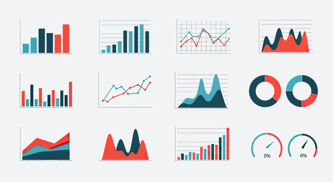 Business infographic charts and financial data icons.