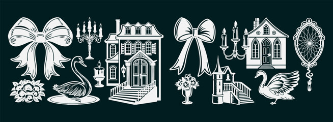 Vintage Christmas icons with swans and houses © MdAzizul