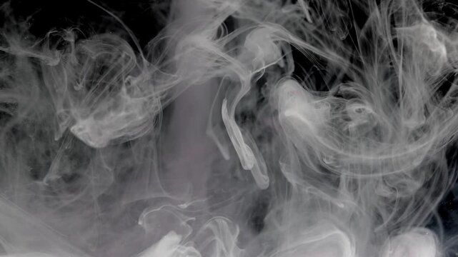Ethereal white smoke swirling on black background, cinematic wispy vapor clouds, abstract silky steam texture for motion graphics and video overlays