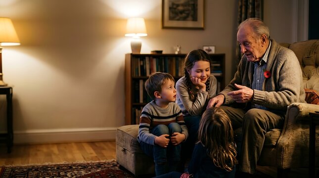 Elderly man telling stories to grandchildren in a cozy living room