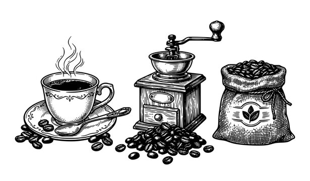 Coffee Cup Grinder and Roasted Beans Vintage Sketch Vector Illustration