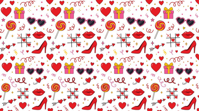 Seamless Valentine pattern with hearts gifts lips sunglasses candy and romantic love symbols for wrapping paper and textile