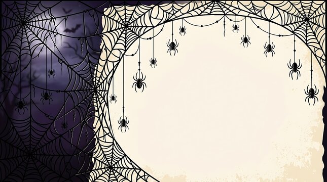 Halloween background with spooky spider webs and hanging spiders